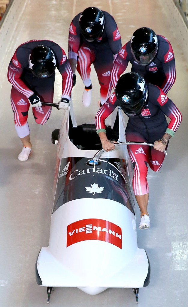 Canada's Kaillie Humphries (bottom right) competing as a pilot with three male brakemen in the four-man bob during last season. At Saturday's World Cup event in Lake Placid, she will have three women pushing as she takes on the men's elite ©Getty Images