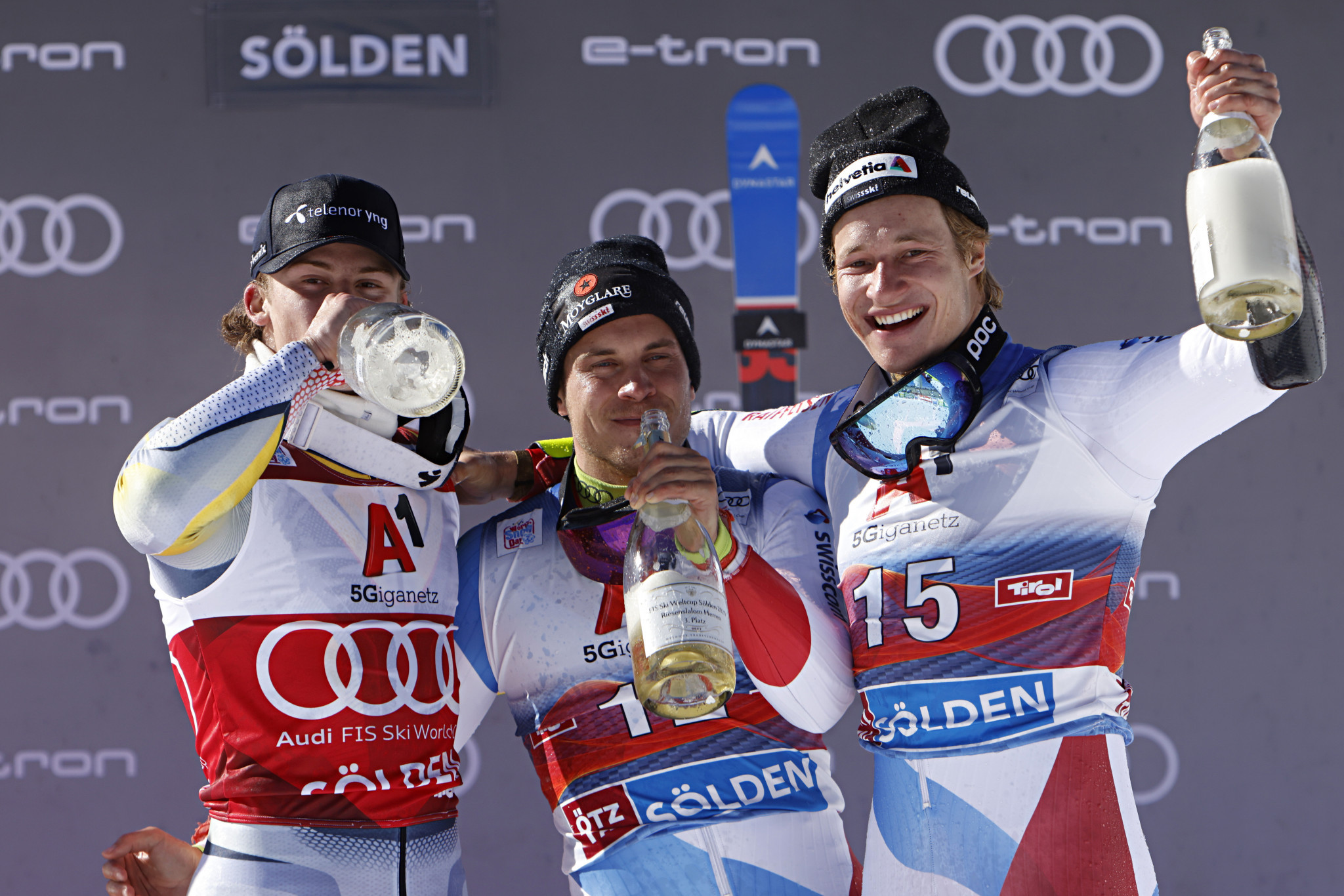 Neither Lucas Braathen, left, or Gino Caviezel, centre, had made a World Cup podium before  ©Getty Images