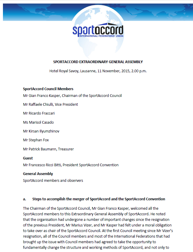 The first page of the minutes of the SportAccord EGM in Lausanne on November 11 ©ITG