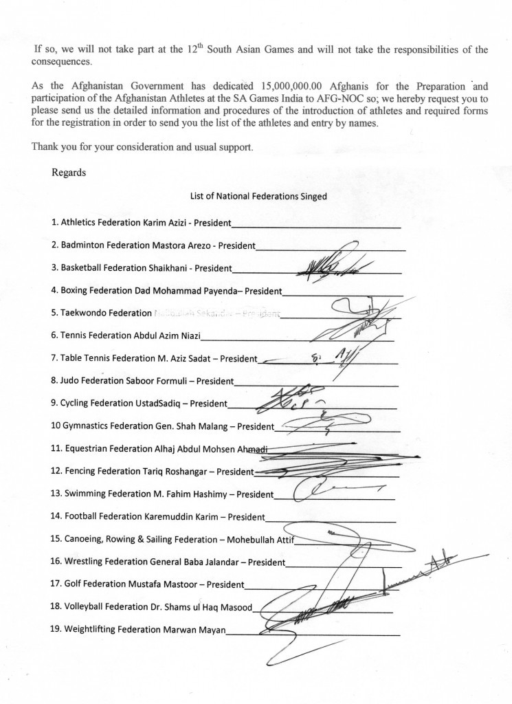One of two pages listing Federations in support of Fahim Hashimy ©ITG
