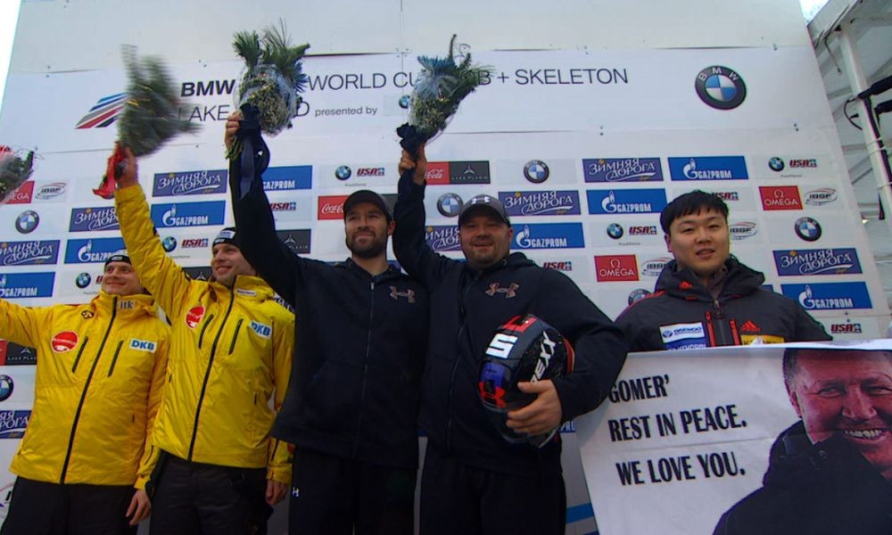 Steven Holcomb and Carlo Valdes secured a welcome victory in the men's two-man event ©IBSF