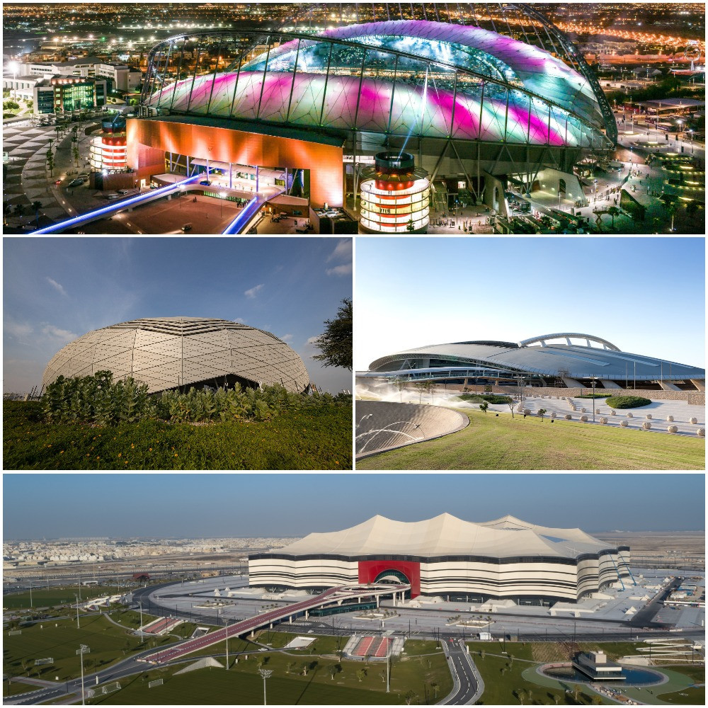 The Khalifa International Stadium, top, Education City Stadium, left, Al Shaqab Stadium, right, and Al Bayt Stadium, bottom ©Doha 2030