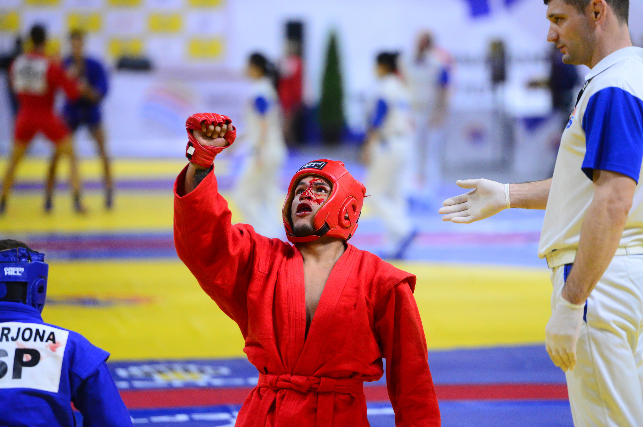 Combat sambo's strikes and kicks left one competitor bloody but undeterred in Novi Sad ©FIAS