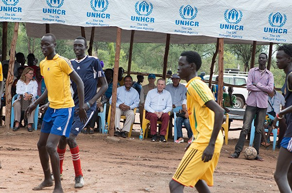 Honorary IOC President Rogge watched refugees play football and volleyball during his visit to the Gambella region