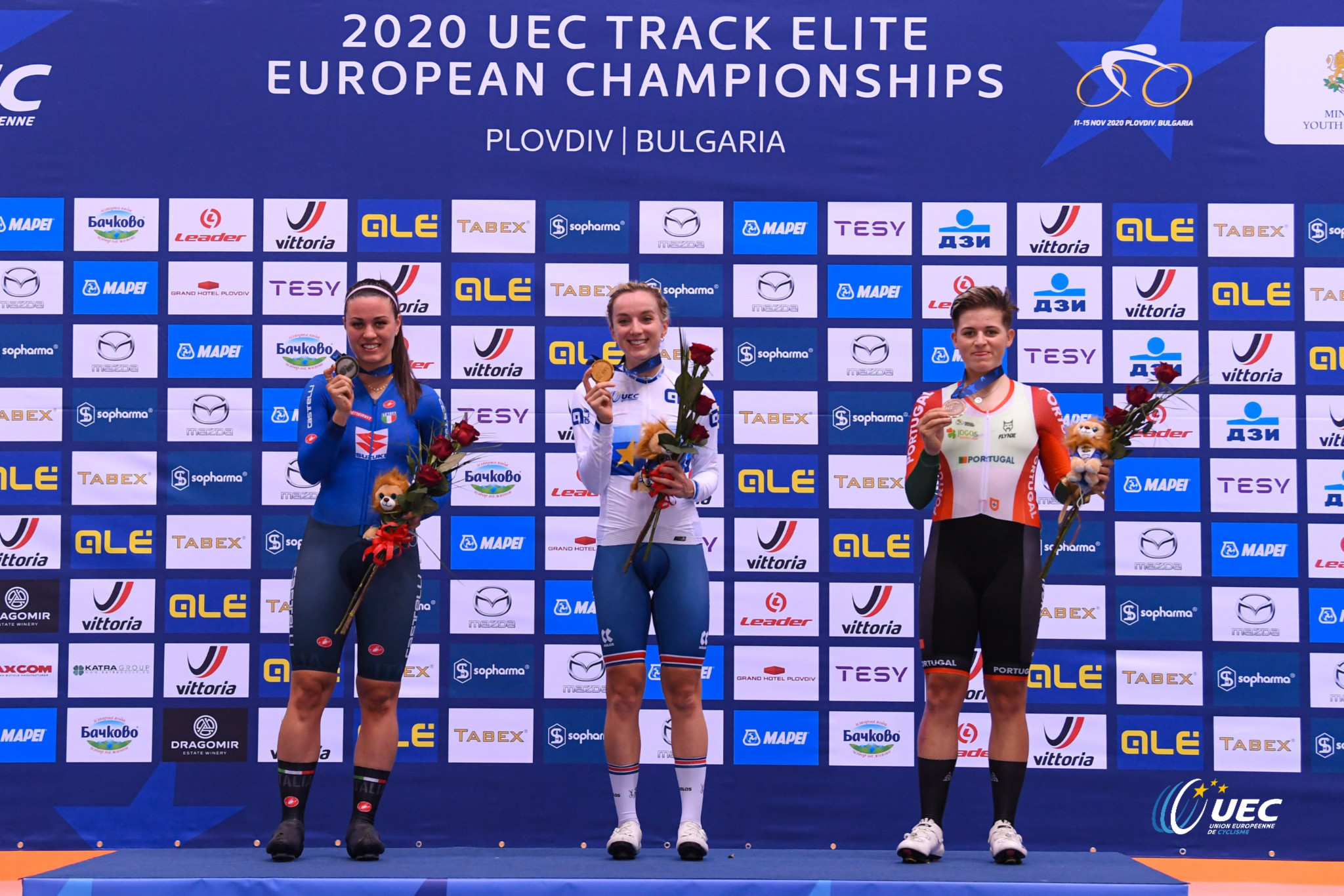 The medallists in the women's elimination race - from left Rachele Barbieri, Elinor Barker and Maria Martins ©UEC