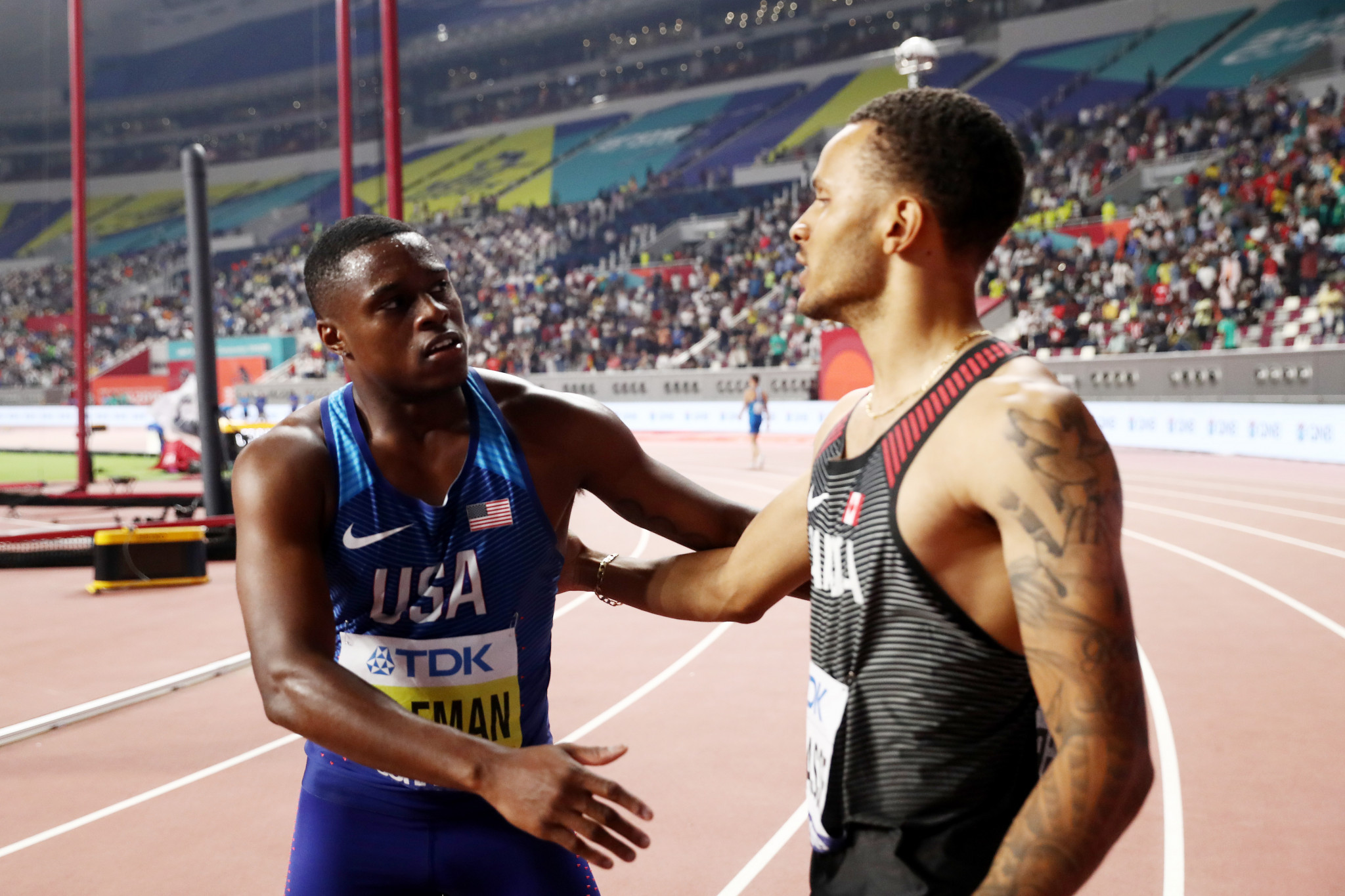 Andre De Grasse, right, has admitted he is disappointed not to be able to race Christian Coleman at Tokyo 2020 ©Getty Images