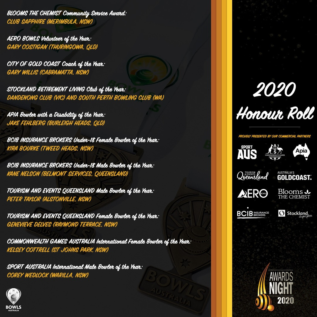 Eleven awards were presented during Bowls Australia's 2020 Awards Night ©Bowls Australia