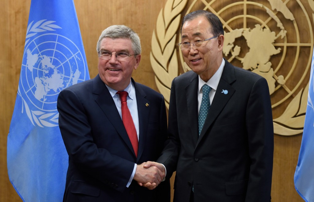 IOC President Thomas Bach has worked closely with UN Secretary General Ban Ki-moon to bring about wider development through sport in recent years ©AFP/Getty Images