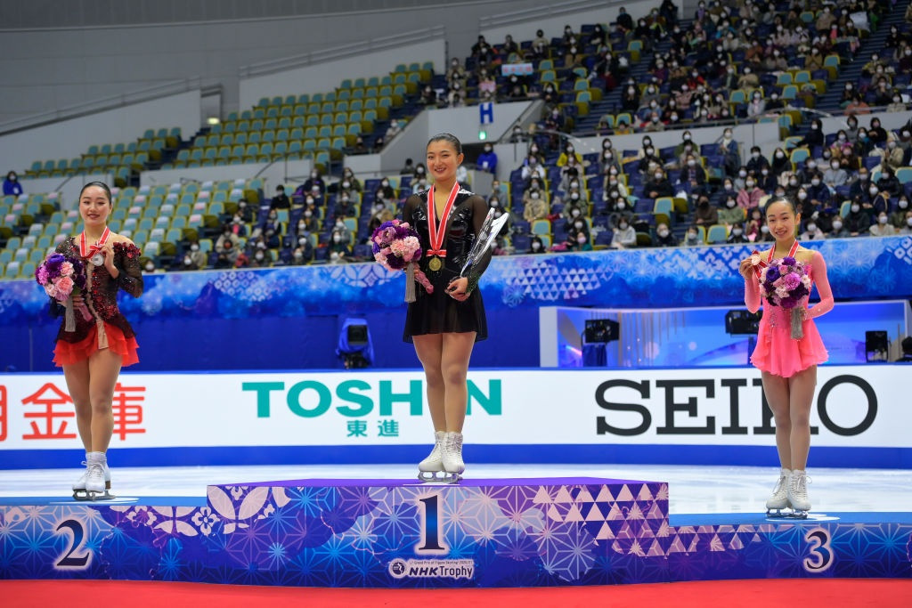 Kaori Sakamoto stands at the top of the podium after winning her first Grand Prix of Figure Skating title ©ISU