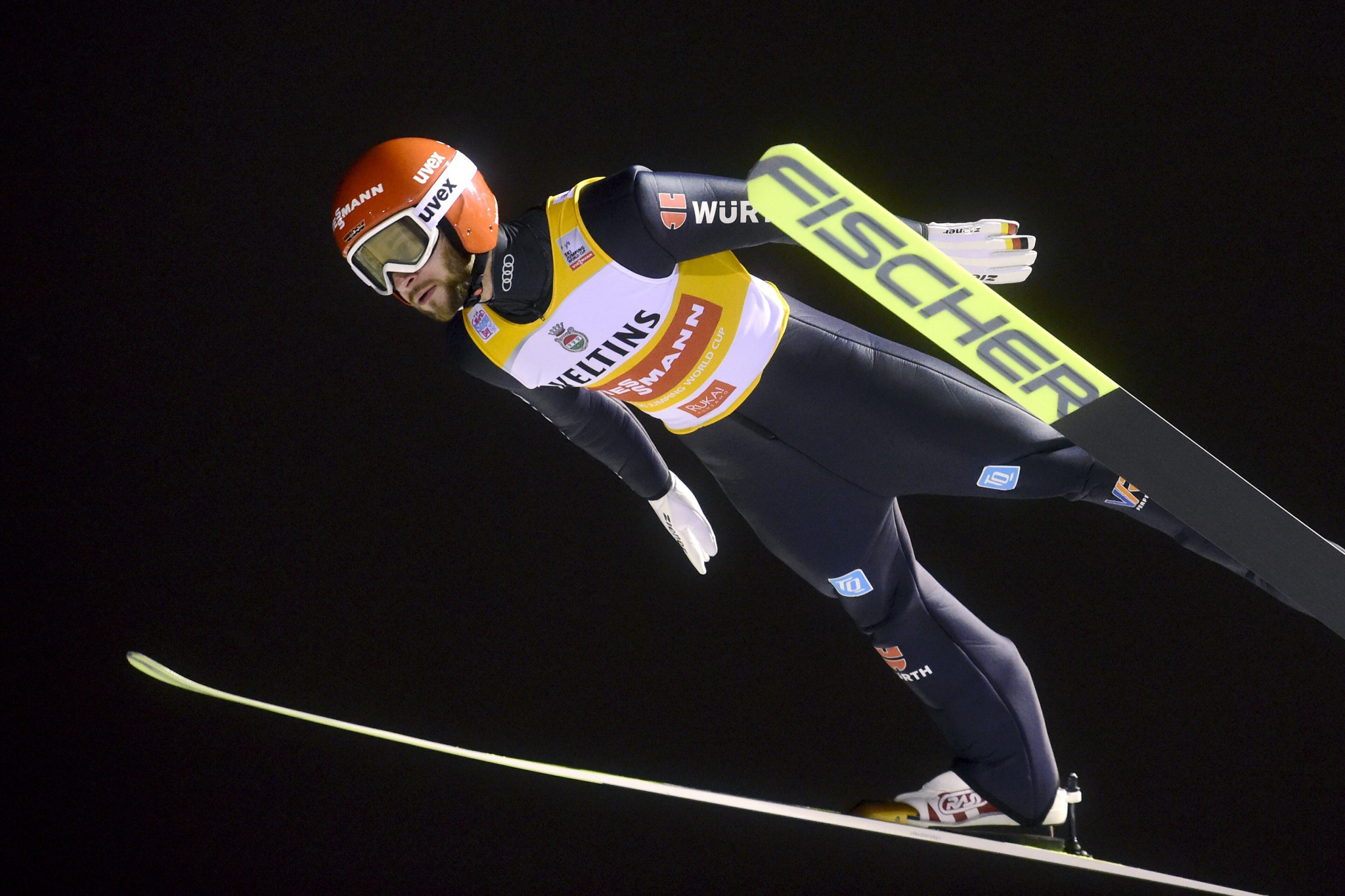 Markus Eisenbichler of Germany finished second in Ruka, but remains on top of the World Cup standings ©Getty Images