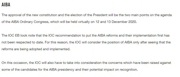 The IOC mentioned concerns raised against AIBA Presidential candidates in a statement last week ©IOC