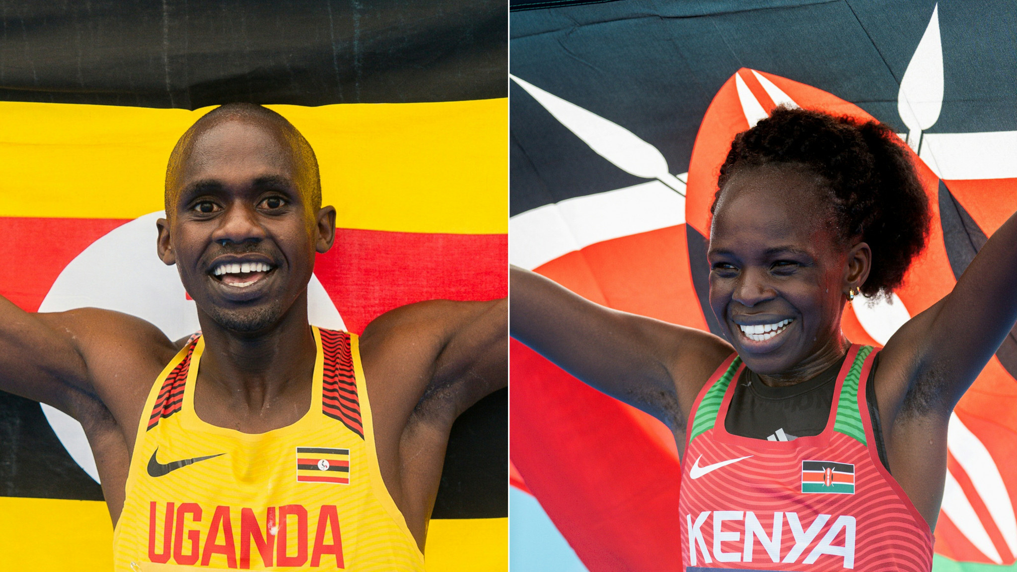 Uganda's Jacob Kiplimo and Kenya's Peres Jepchirchir, right, celebrate winning the IAAF World Half Marathon Championships in Gdynia ©Getty Images