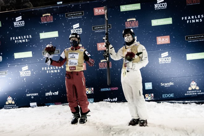 The first freestyle aerials winners of the new FIS World Cup season - Maxim Burov and Laura Peel ©FIS