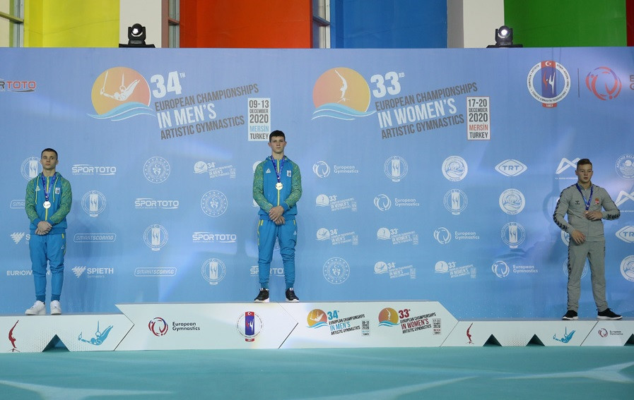 Illia Kovtun stands at the top of the podium after winning the junior all-around title in Mersin ©European Gymnastics