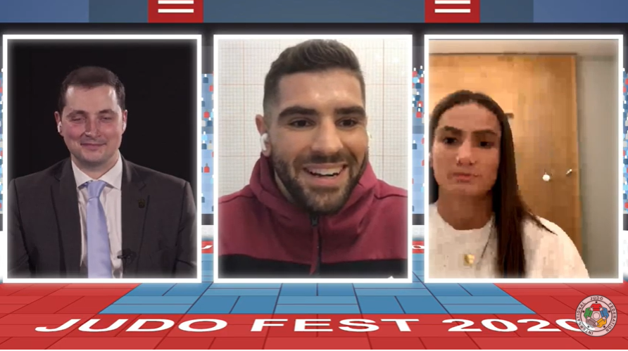 Double Olympic champion Teddy Riner offered  advice during today's IJF JudoFest to Israel's European under-100kg champion Peter Paltchik, centre, and Kosovo's Majlinda Kelmendi, right, who hopes to defend her under-52kg title in Tokyo next summer ©IJF 