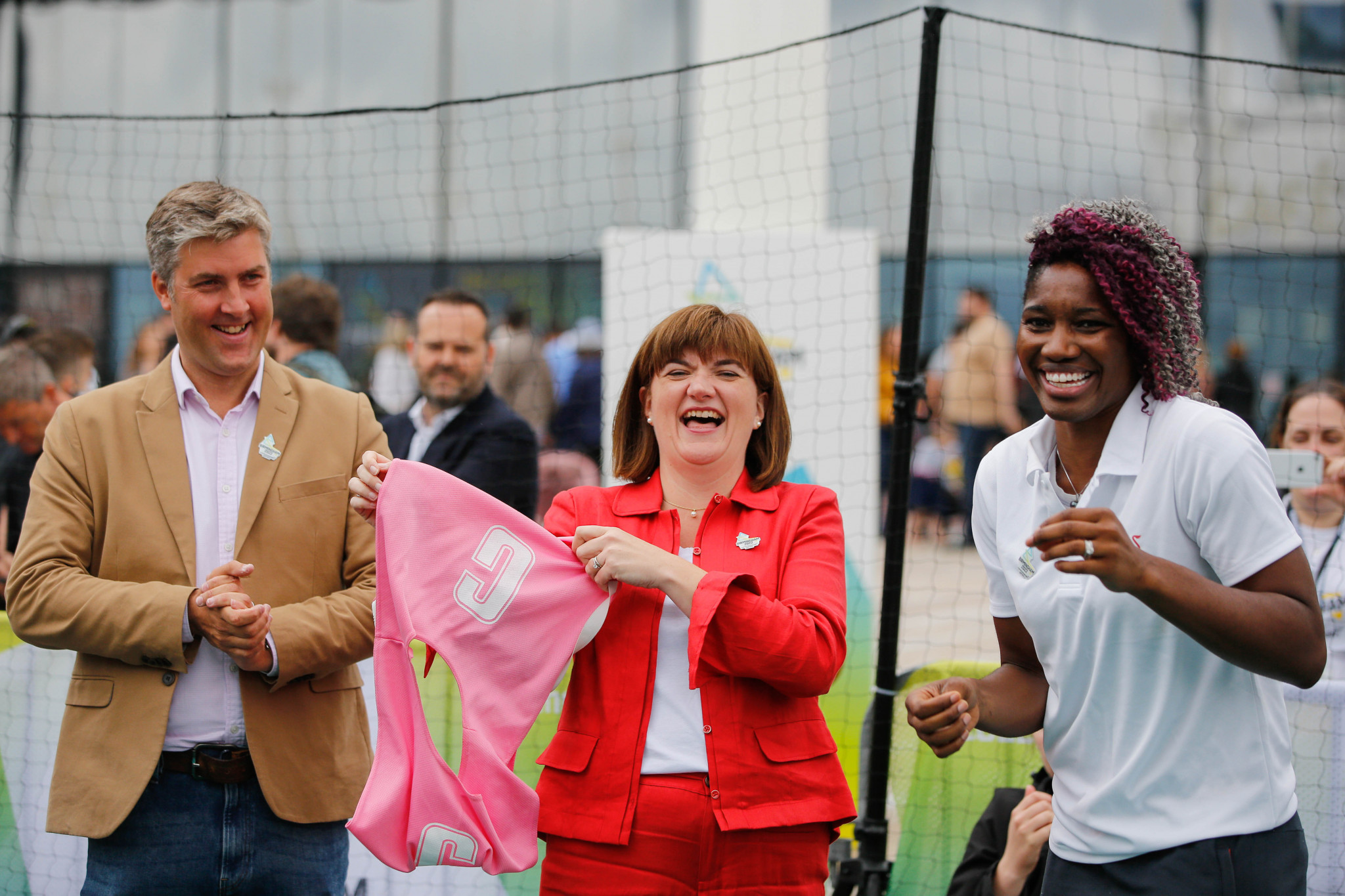 Ama Agbeze, right, with Ian Reid, left, chief executive of Birmingham 2022, at the three-year countdown to the Games in 2019 ©Getty Images