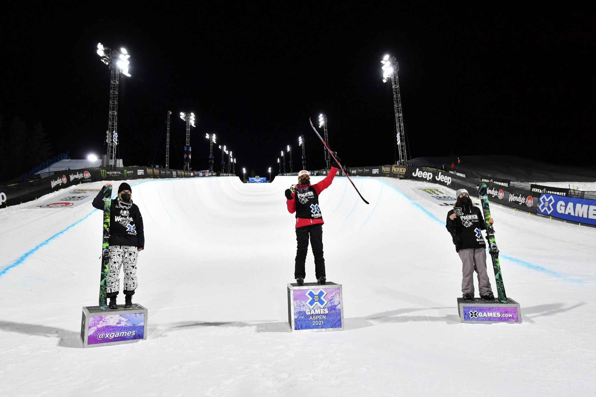 Eileen Gu, centre, won two medals on the first day of the 2021 Winter x Games ©Twitter/XGames