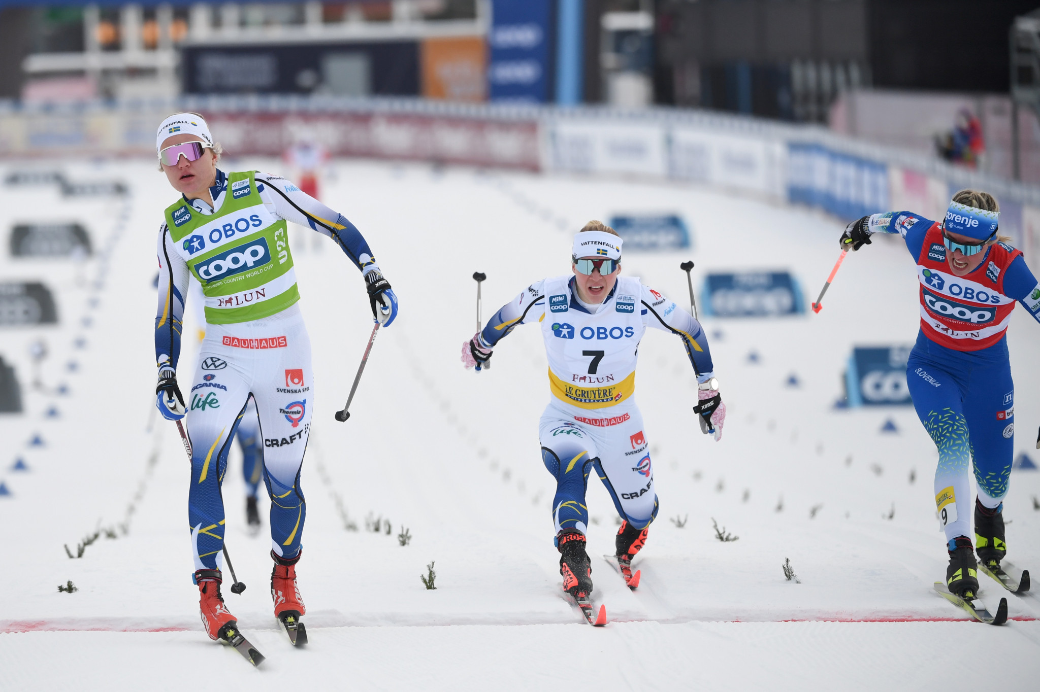 Linn Svahn saw off Swedish teammate Jonna Sundling and Slovenia’s Anamarija Lampič to win the women's sprint classic event in Falun ©Getty Images