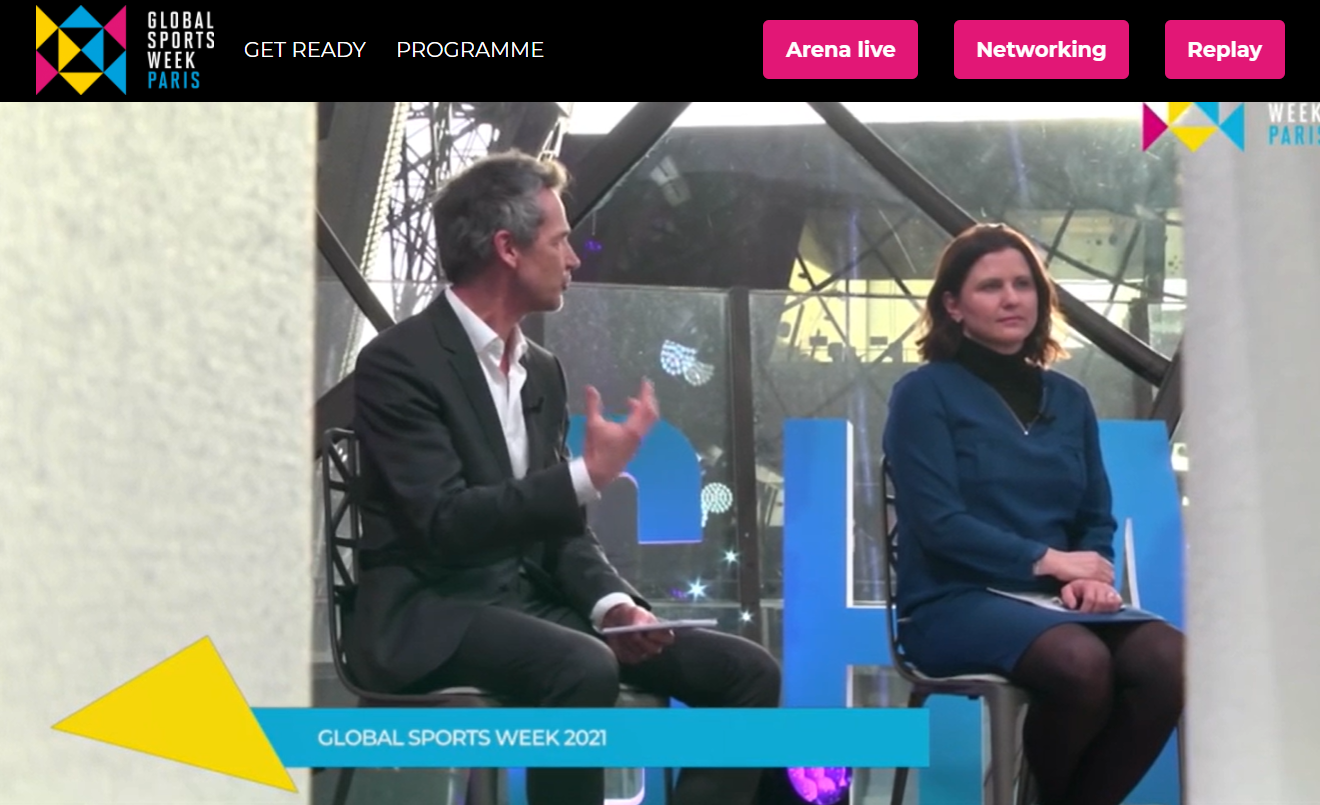 France’s Sports Minister Roxana Maracineanu and Global Sports Week chairman and co-founder Lucien Boyer take part in panel discussions during the official opening of this year’s event from its French base in the Tour Eiffel ©GSW Paris