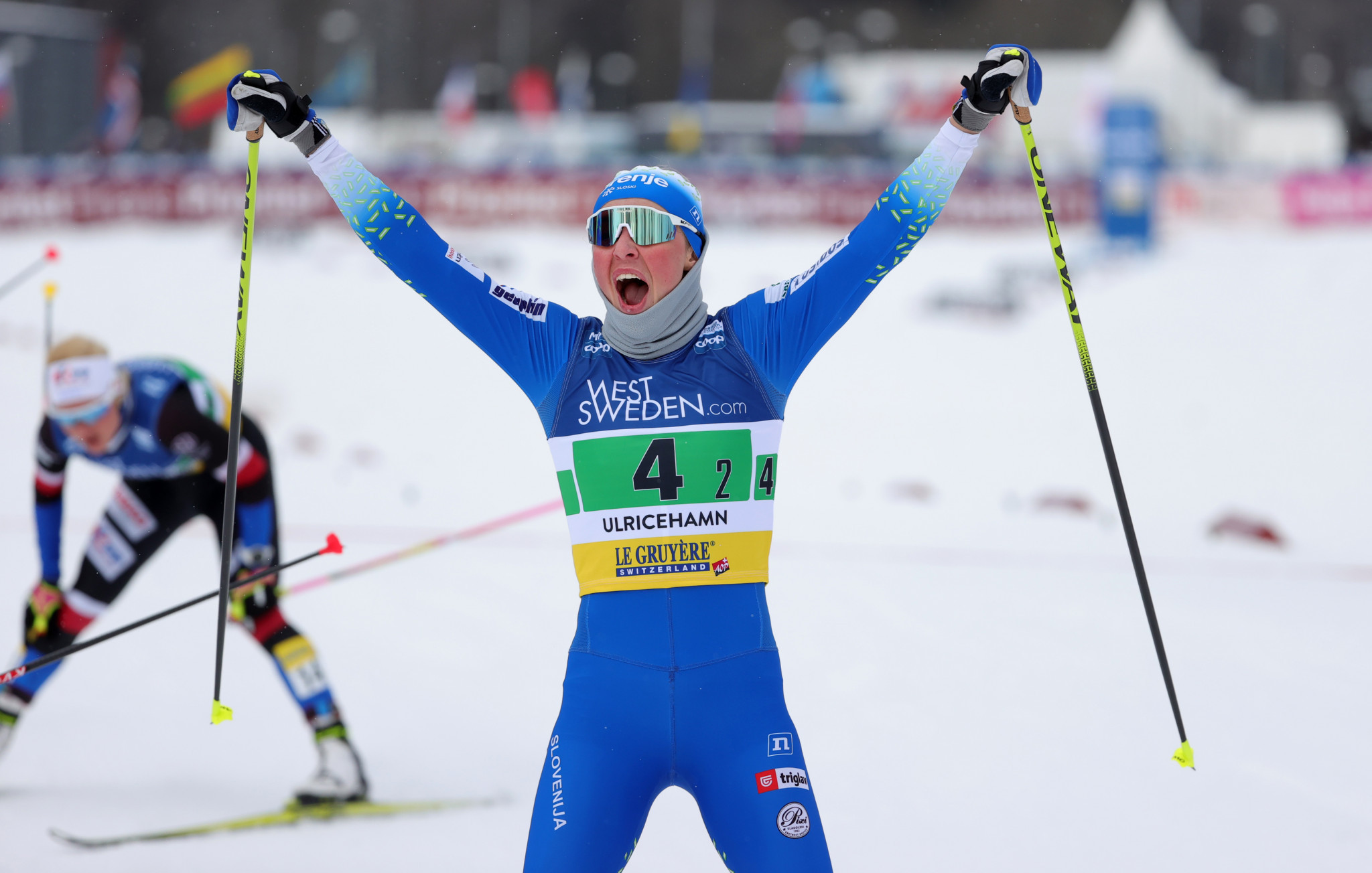 Anamarija Lampič celebrates after helping Slovenia win the women's team sprint competition in Ulricehamn ©Getty Images