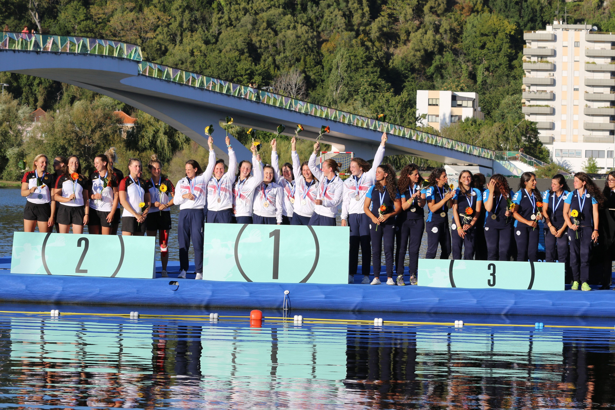 Britain (centre) are the defending women's champions in the European Canoe Polo Championships after their win in Portugal in 2019 ©Getty Images