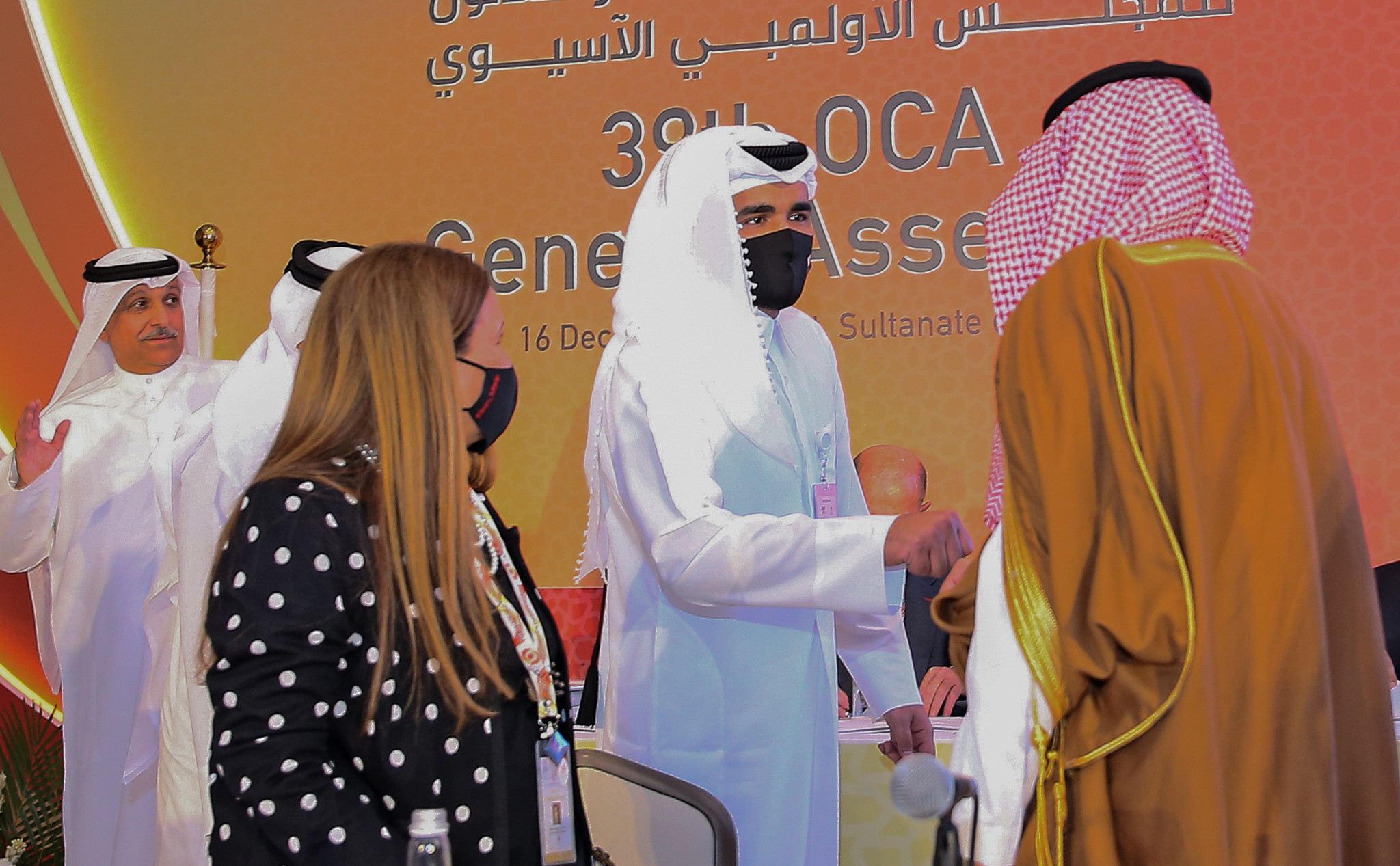 Prince Abdulaziz bin Turki Al-Faisal Al-Saud, President of the SAOC, right, congratulates Sheikh Joaan bin Hamad bin Khalifa Al Thani, QOC President, after Qatar was awarded the 2030 Asian Games ©Getty Images