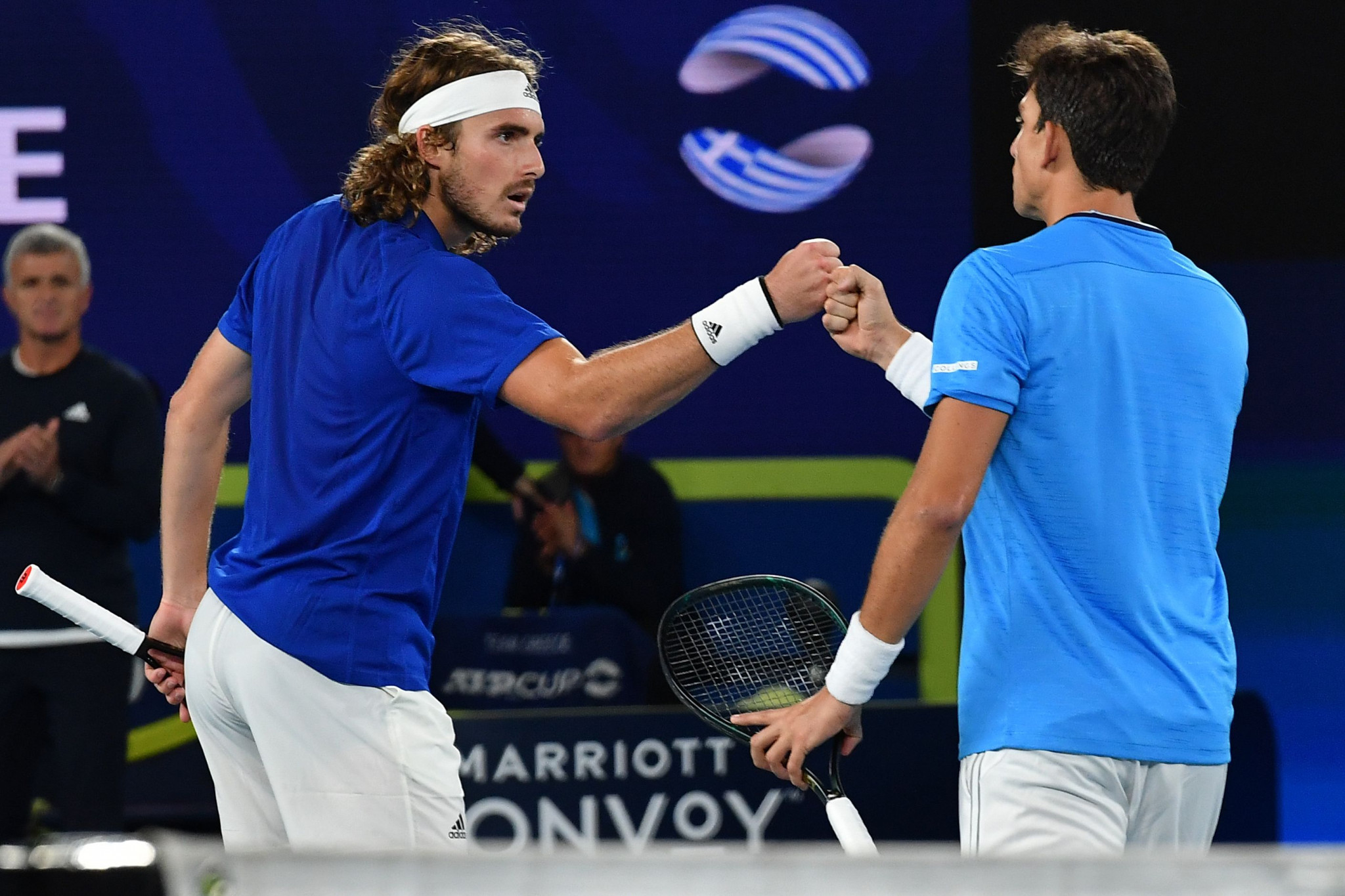 Michail Pervolarakis, right, played doubles with Stefanos Tsitsipas, left, at the ATP Cup and his partner remains involved at the Australian Open ©Getty Images
