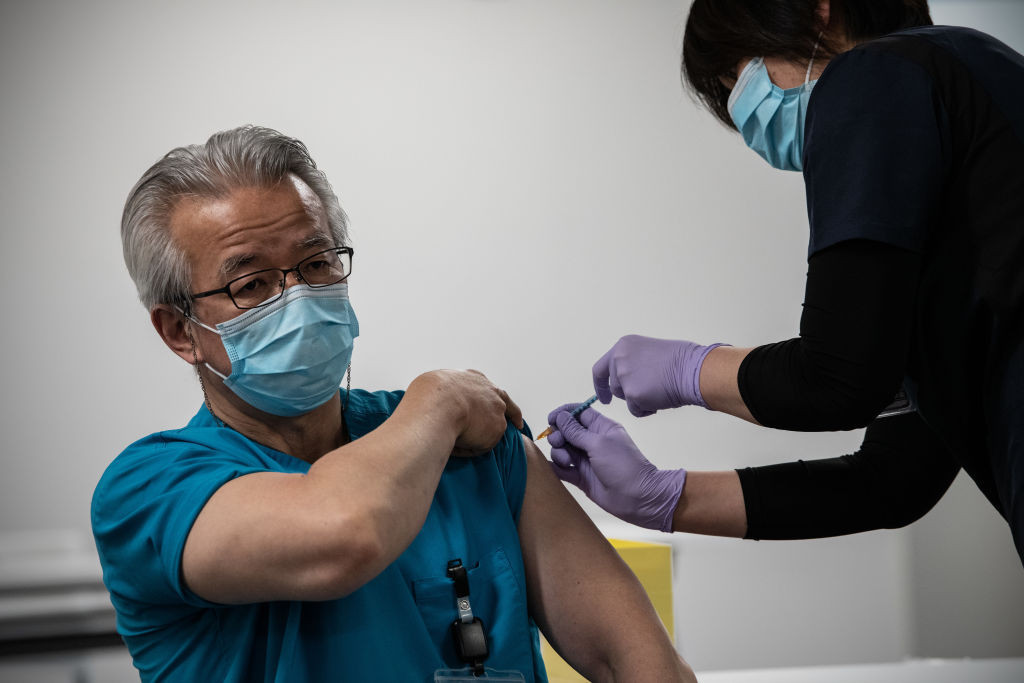 The first healthcare workers received the COVID-19 vaccine at a hospital in Tokyo today ©Getty Images