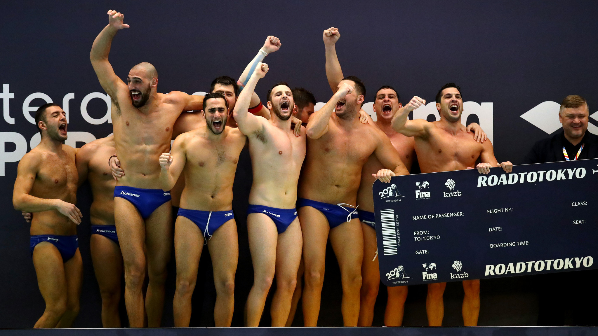 Greece's players celebrate reaching the Tokyo 2020 water polo tournament after defeating Russia ©Getty Images