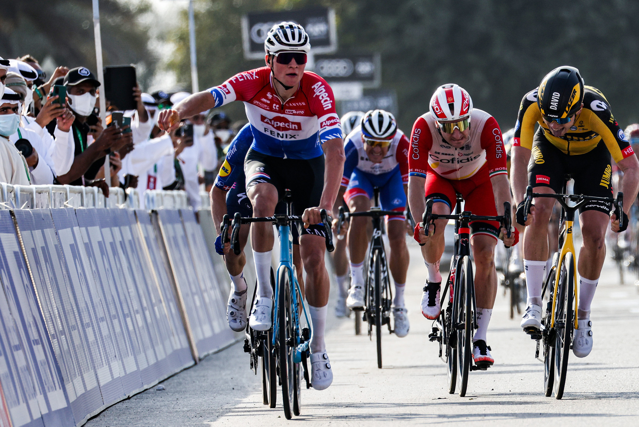 Mathieu Van der Poel came out on top in the sprint for the line to win the opening stage of the UAE Tour ©Getty Images