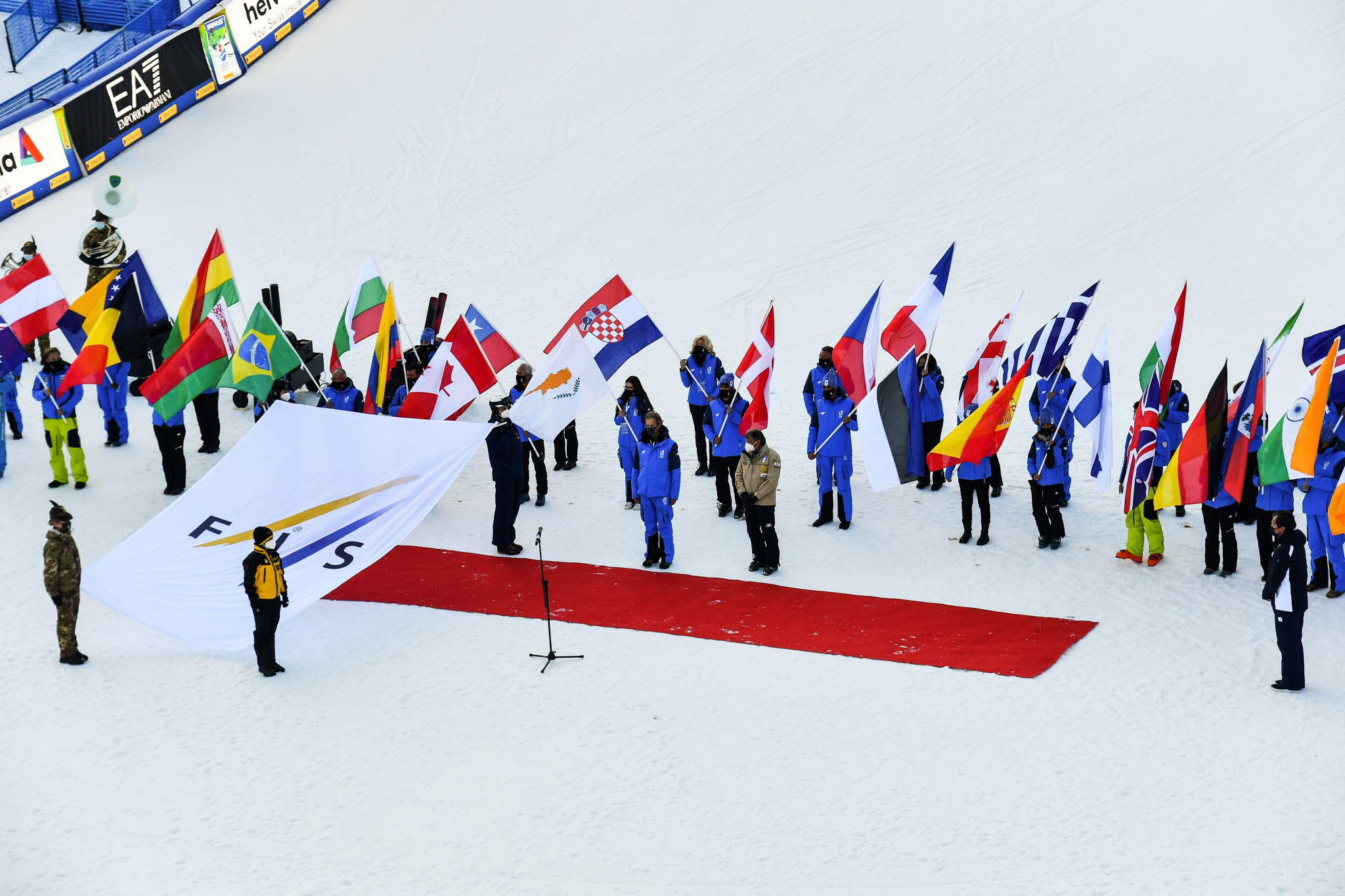 Michel Vion received the FIS flag during the Closing Ceremony of the 2021 Alpine Ski World Championships ©Getty Images