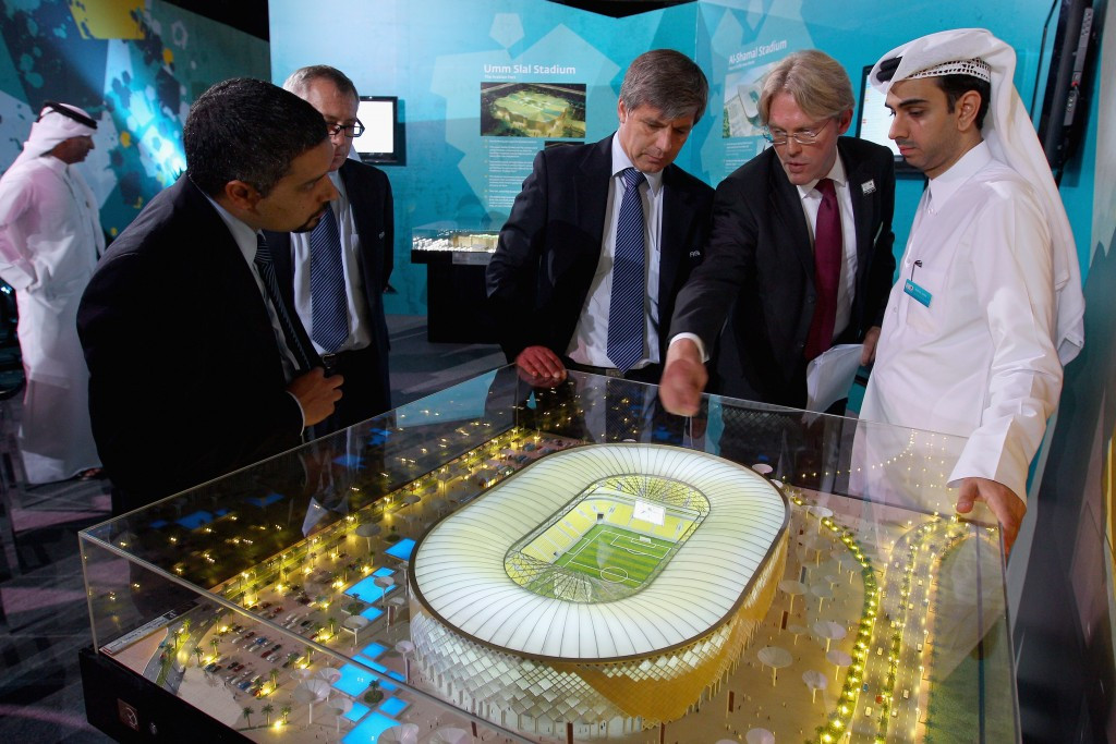 Harold Mayne-Nicholls is shown designs for a Qatar 2022 stadium during his inspection visit in 2010 ©Getty Images