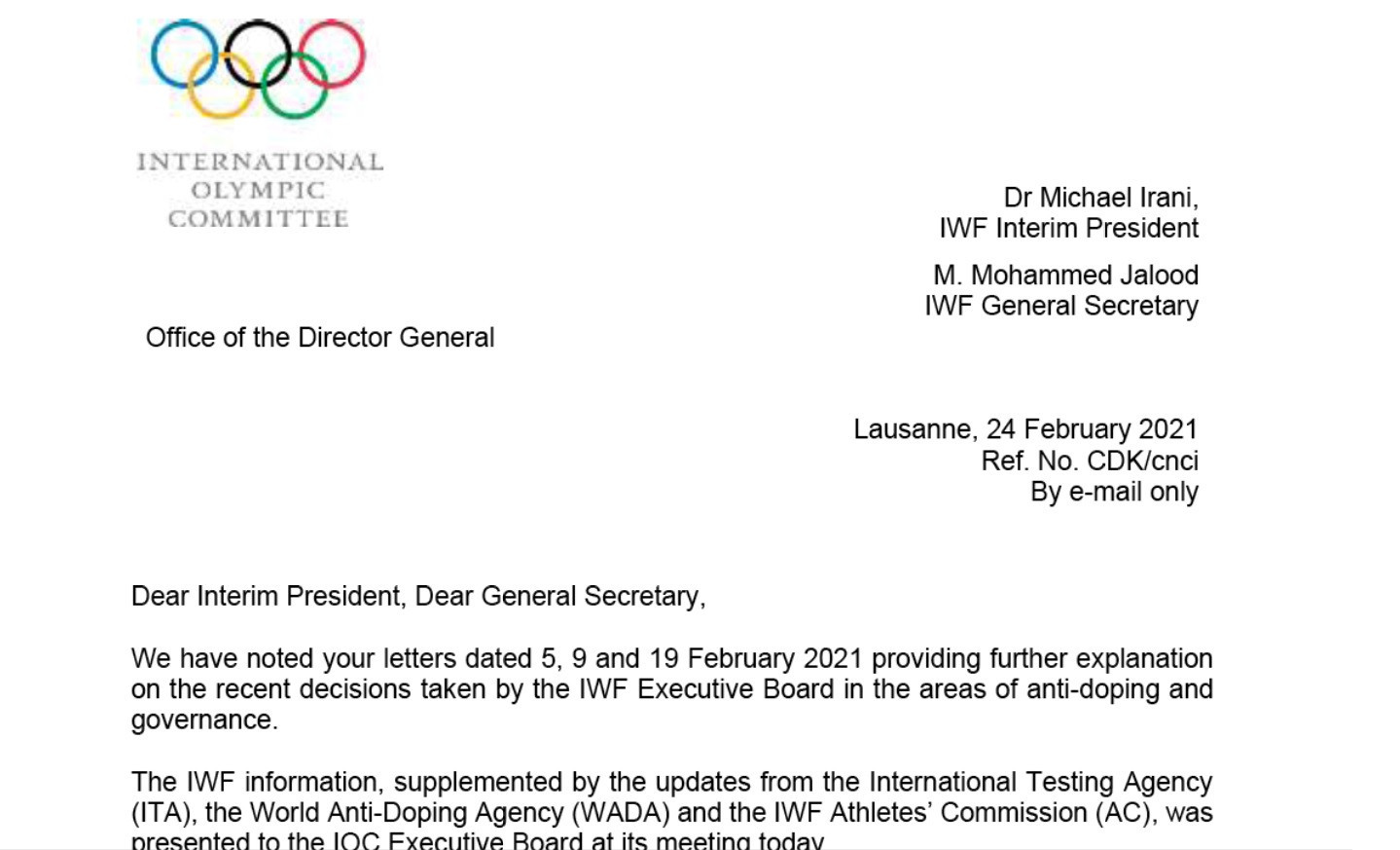 An extract from a letter in which the IOC heavily criticises the IWF and explains why it may have to threaten the sport with expulsion from the Olympic programme ©Brian Oliver