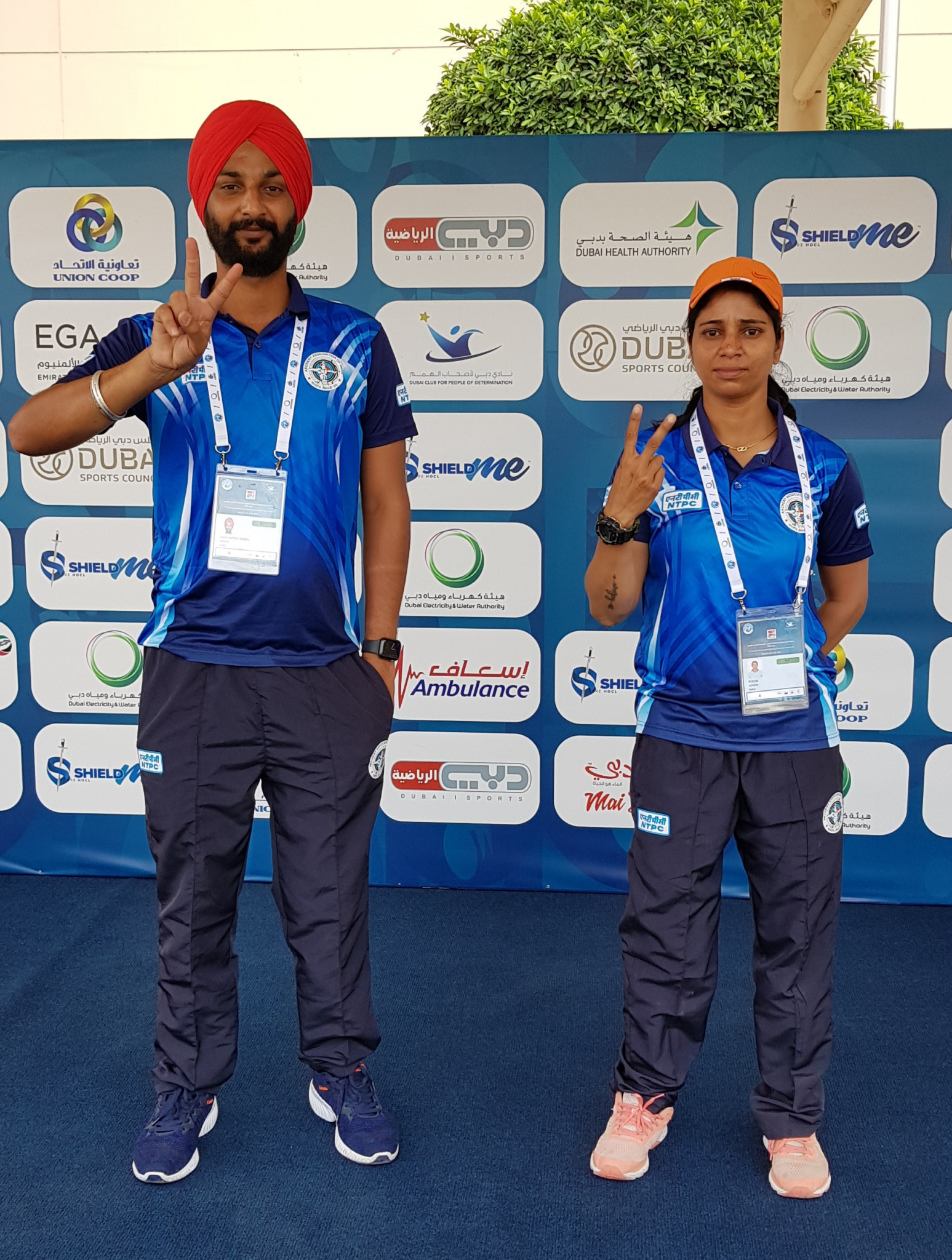 India's recurve mixed gold medal winning pairing Harvinder Singh, left and Pooja, right ©Gaber Abedeen/Fazza LOC Media