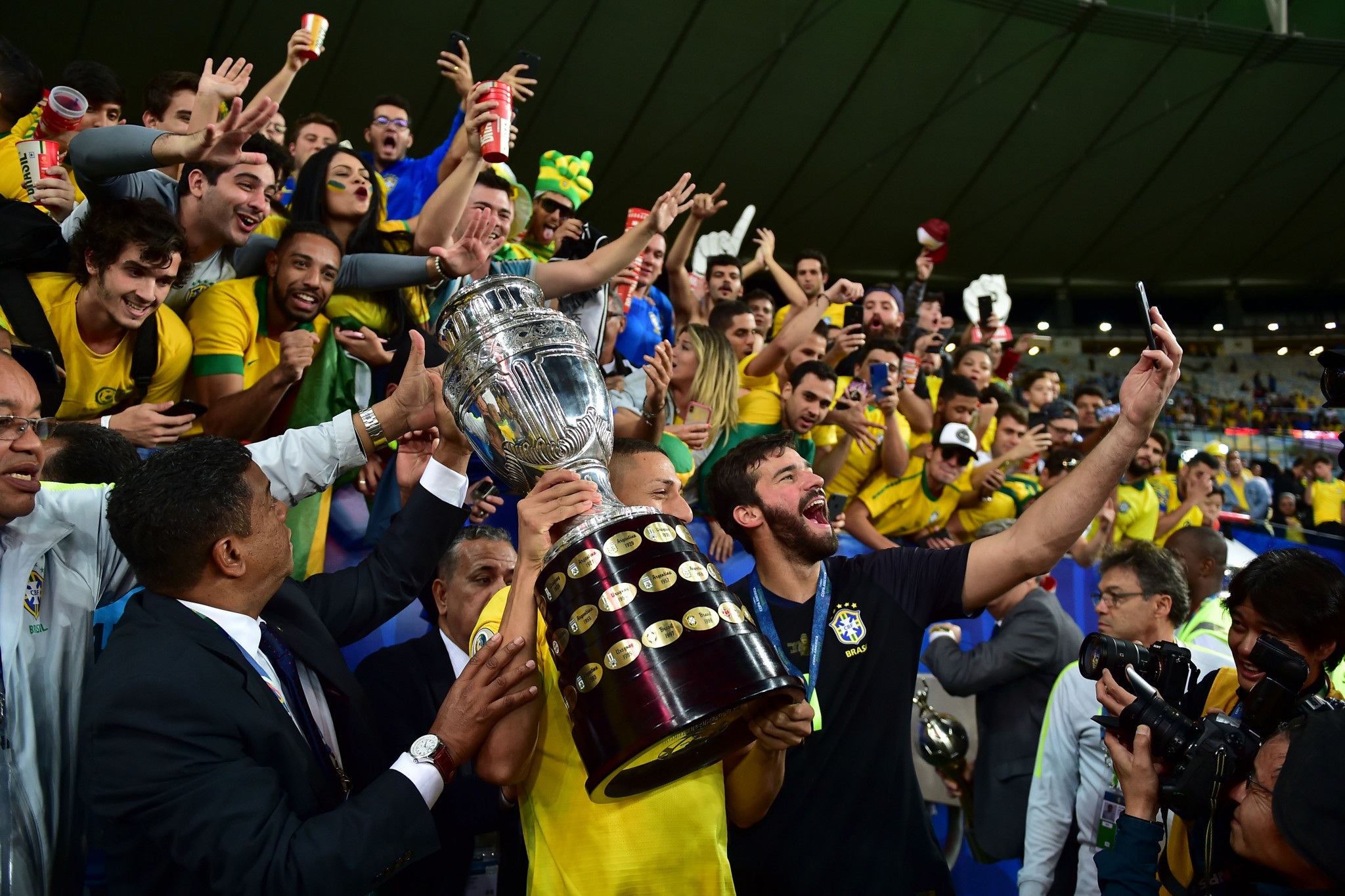 Brazil's players celebrate with fans after winning the 2019 Copa América ©Getty Images
