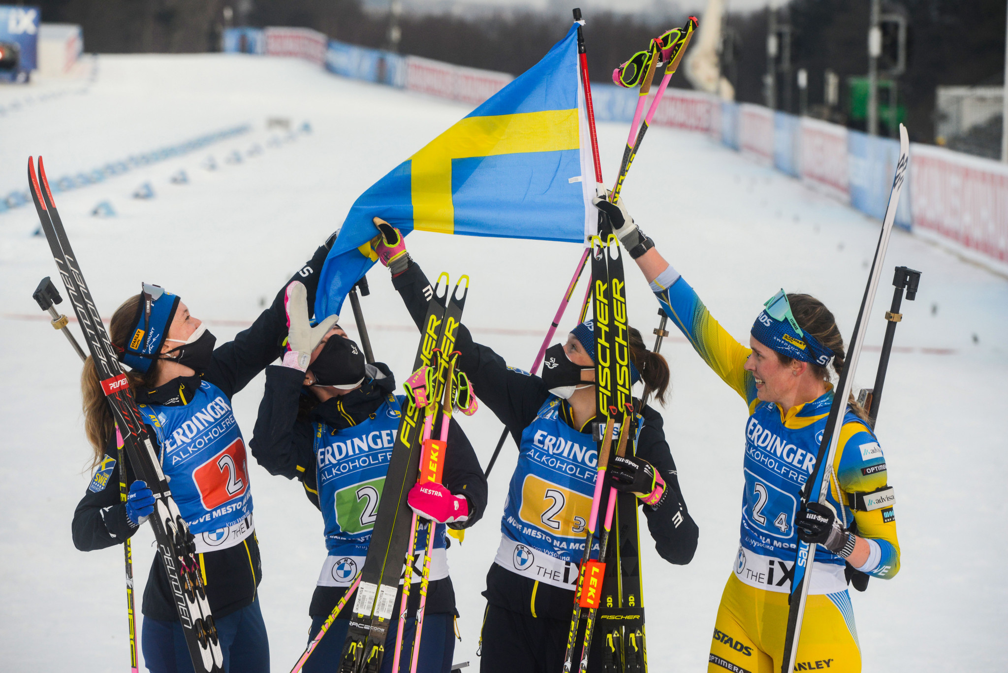 Sweden celebrate after winning the women's relay IBU World Cup overall title ©Getty Images