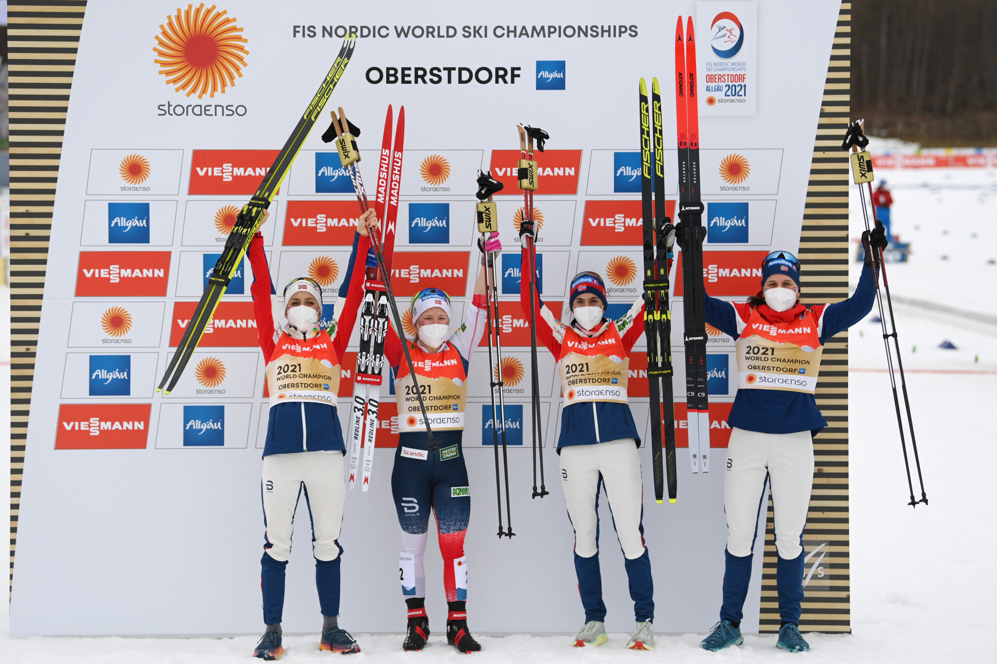Norwegian quartet Tiril Udnes Weng, Heidi Weng, Therese Johaug and Helene Marie Fossesholm won the women's 4x5km relay ©Getty Images