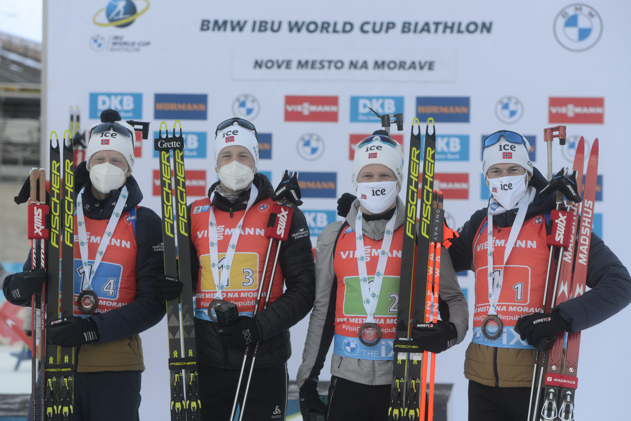 Johannes Thingnes Bø, Tarjei Bø, Johannes Dale and Sturla Holm Laegreid finished third to seal the men's relay crystal globe for Norway ©Getty Images