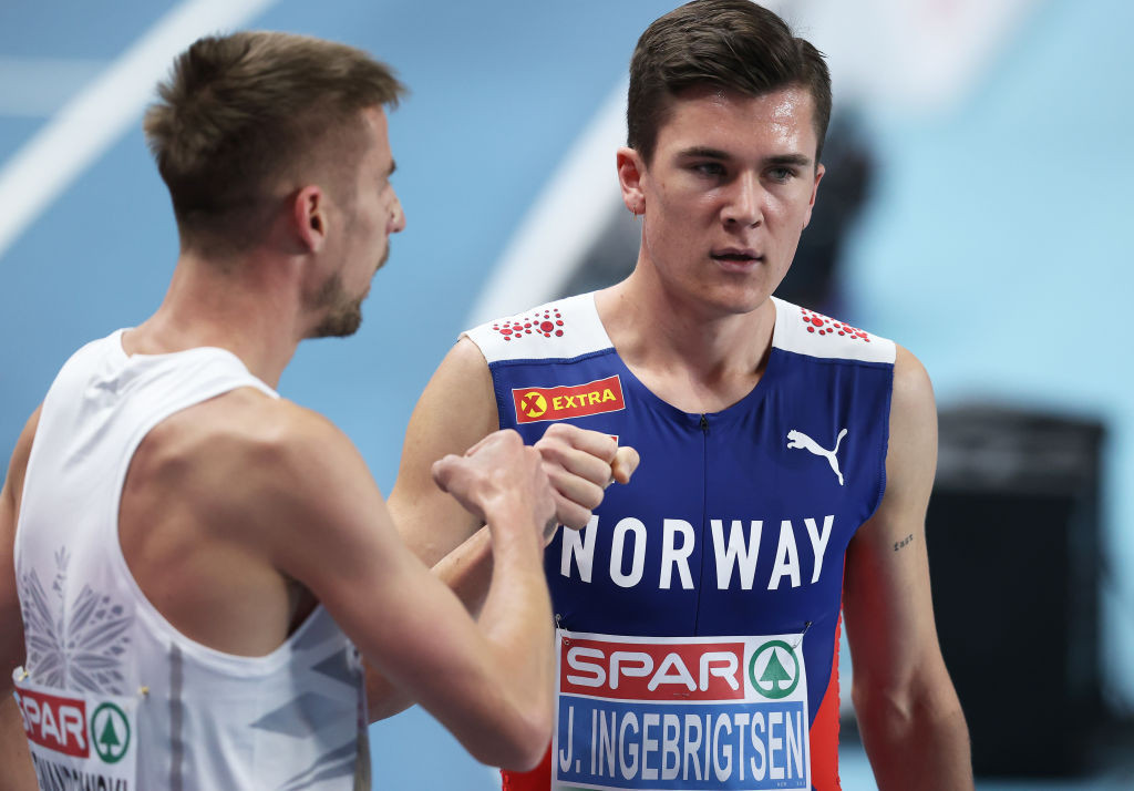 Norway's Jakob Ingebrigtsen acknowledges Marcin Lewandowski after beating him to European indoor 1500m gold in Torun - but the Polish runner later claimed the title after Ingebrigtsen was disqualified - but he was later reinstated ©Getty Images