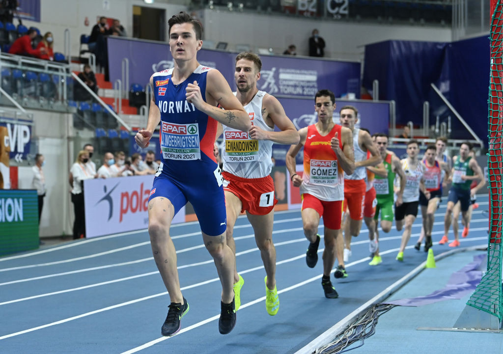 Norway's Jakob Ingebrigtsen runs for home in tonight's European Athletics Indoor 1500m final in Torun - but an earlier incident caused his disqualification, giving gold for a second time to home runner Marcin Lewandowski - until the decision was later overturned and he was reinstated ©Getty Images