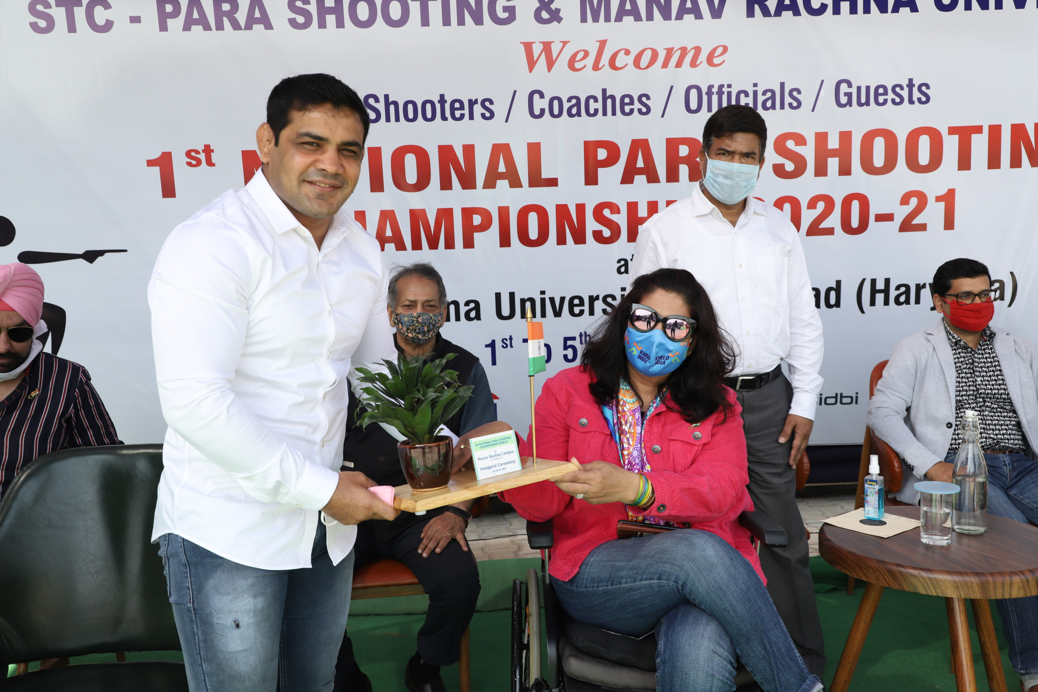Wrestler Sushil Kumar with PCI President Deepa Malik at the inauguration of the first-ever National Para Shooting Championship ©PCI