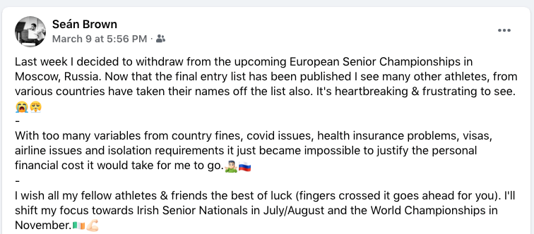 Seán Brown is another athlete unable to compete at the Continental Championships because of coronavirus restrictions ©Facebook 