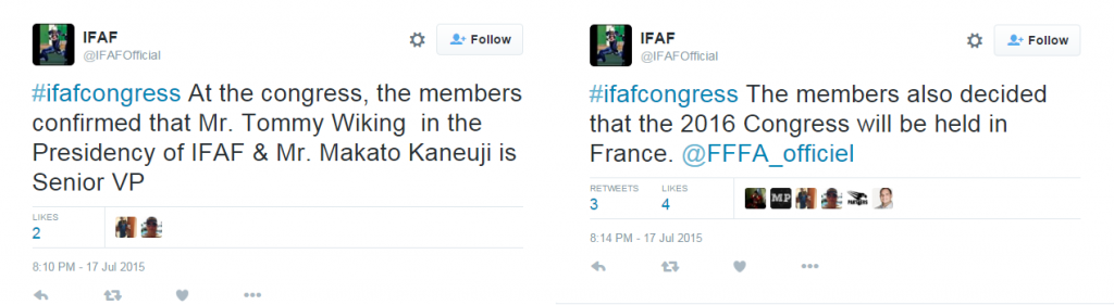 Tweets from the IFAF account had claimed Tommy Wiking remained President and the Congress would be held in Paris, which the IFAF deny