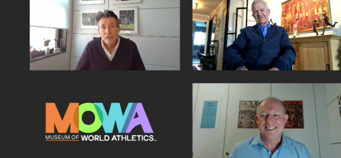 World Athletics President Sebastian Coe, top left, hailed the launch of MOWA, the world's first fully-virtual sports museum, a project overseen by Chris Turner, bottom right, head of the World Athletics heritage department. Jack Waitz, top right, has made the latest donation - a pair of shoes worn by his late wife Grete, the multiple New York and London marathon winner ©MOWA