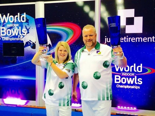 Katherine Rednall and Darren Burnett celebrate winning the mixed pair's title at the World Indoor Bowls Championships ©Twitter