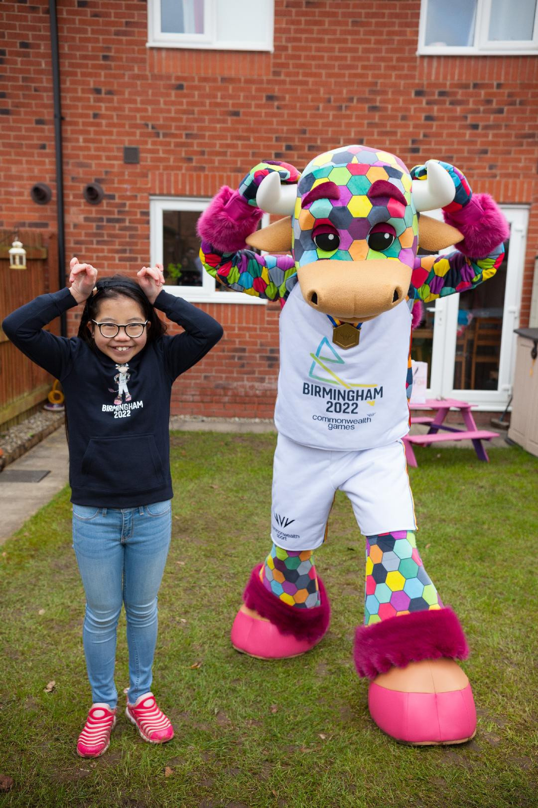 Perry the Bull, the Birmingham 2022 Commonwealth Games mascot, pictured in the back garden of his creator, 10-year-old Emma Lou ©Birmingham 2022