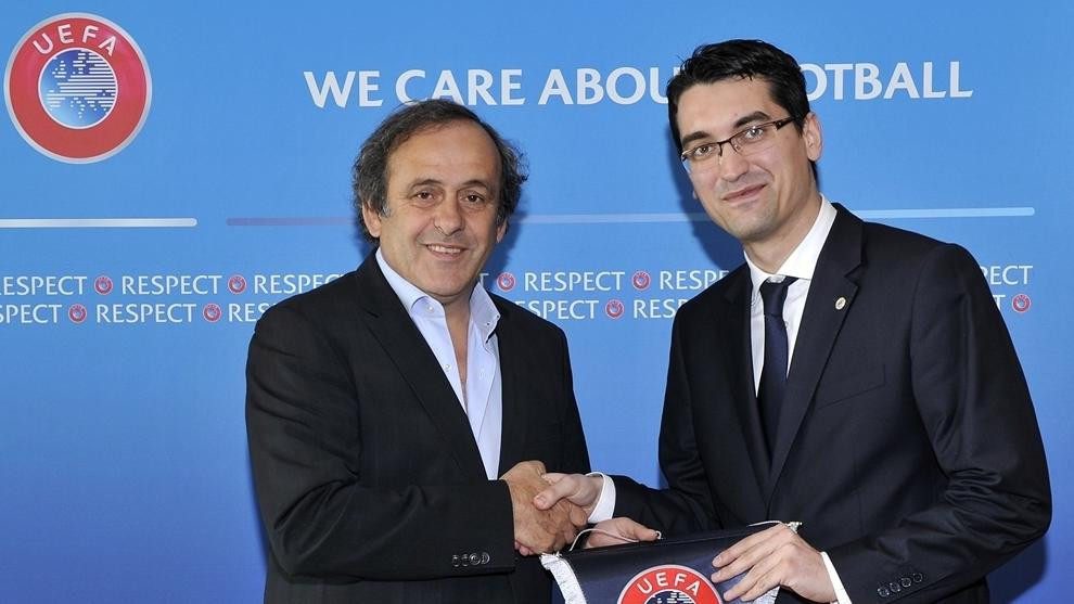 Shortly after his election in 2014 as President of the Romanian Football Federation, Răzvan Burleanu visited Switzerland to hold talks with then UEFA President Michel Platini ©UEFA