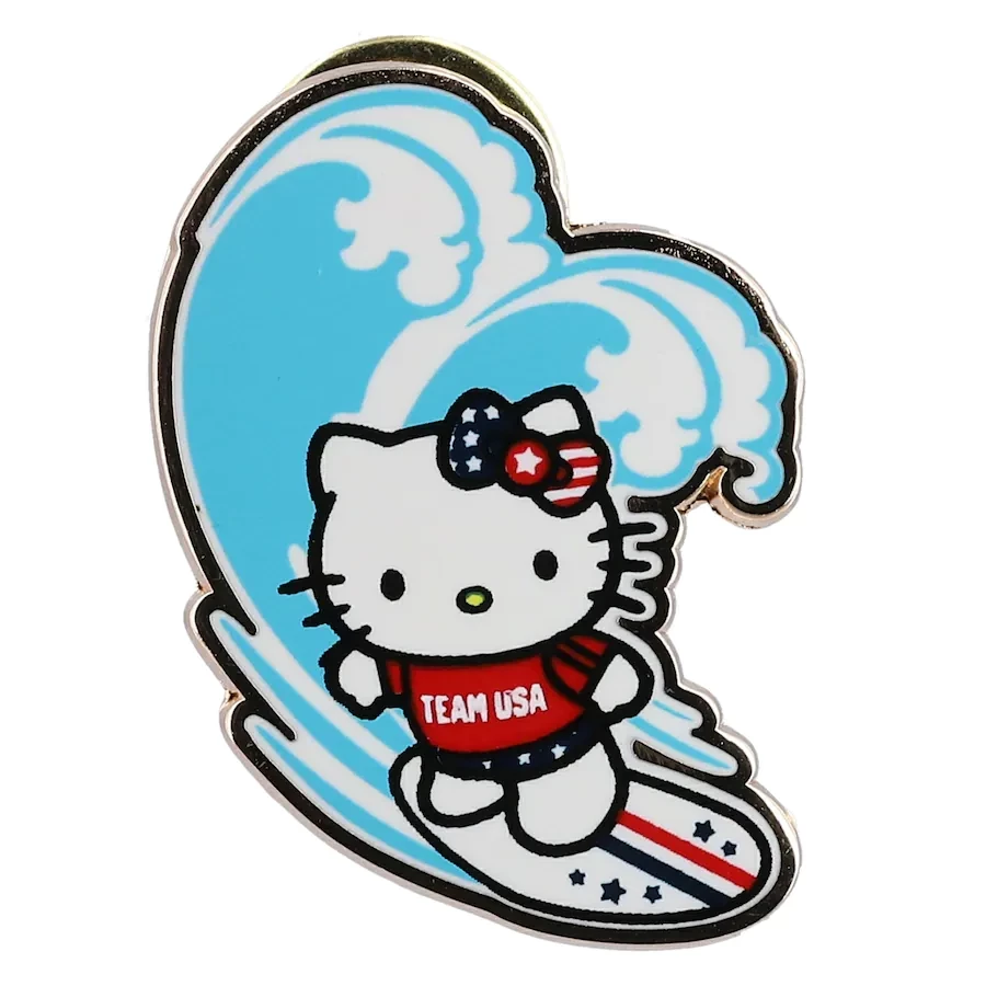 Hello Kitty is featured on several pin badges, including taking part in surfing, which is due to make its Olympic debut at Tokyo 2020 ©Team USA