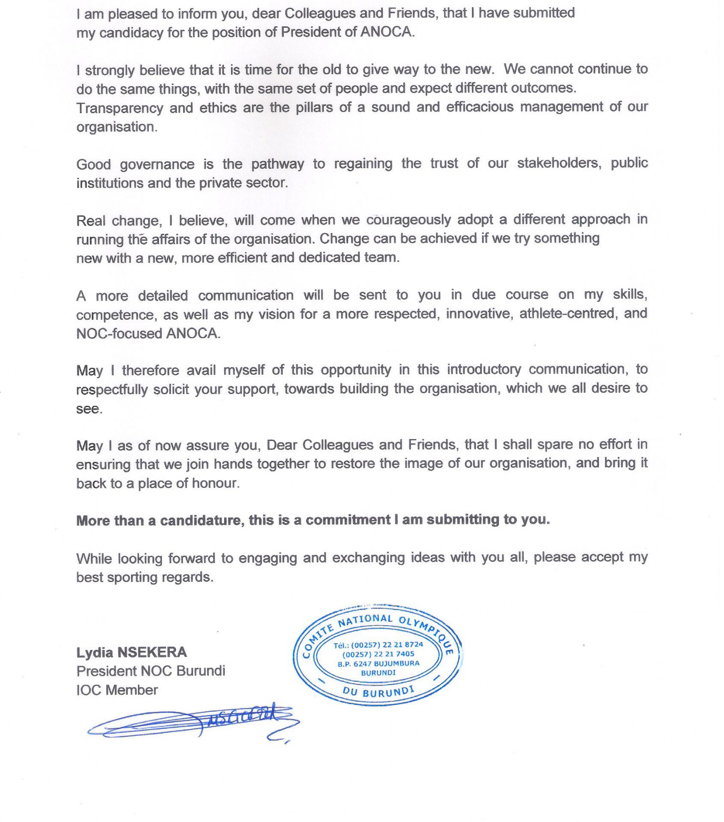 Lydia Nsekera wrote to ANOCA members to confirm her candidacy ©ITG