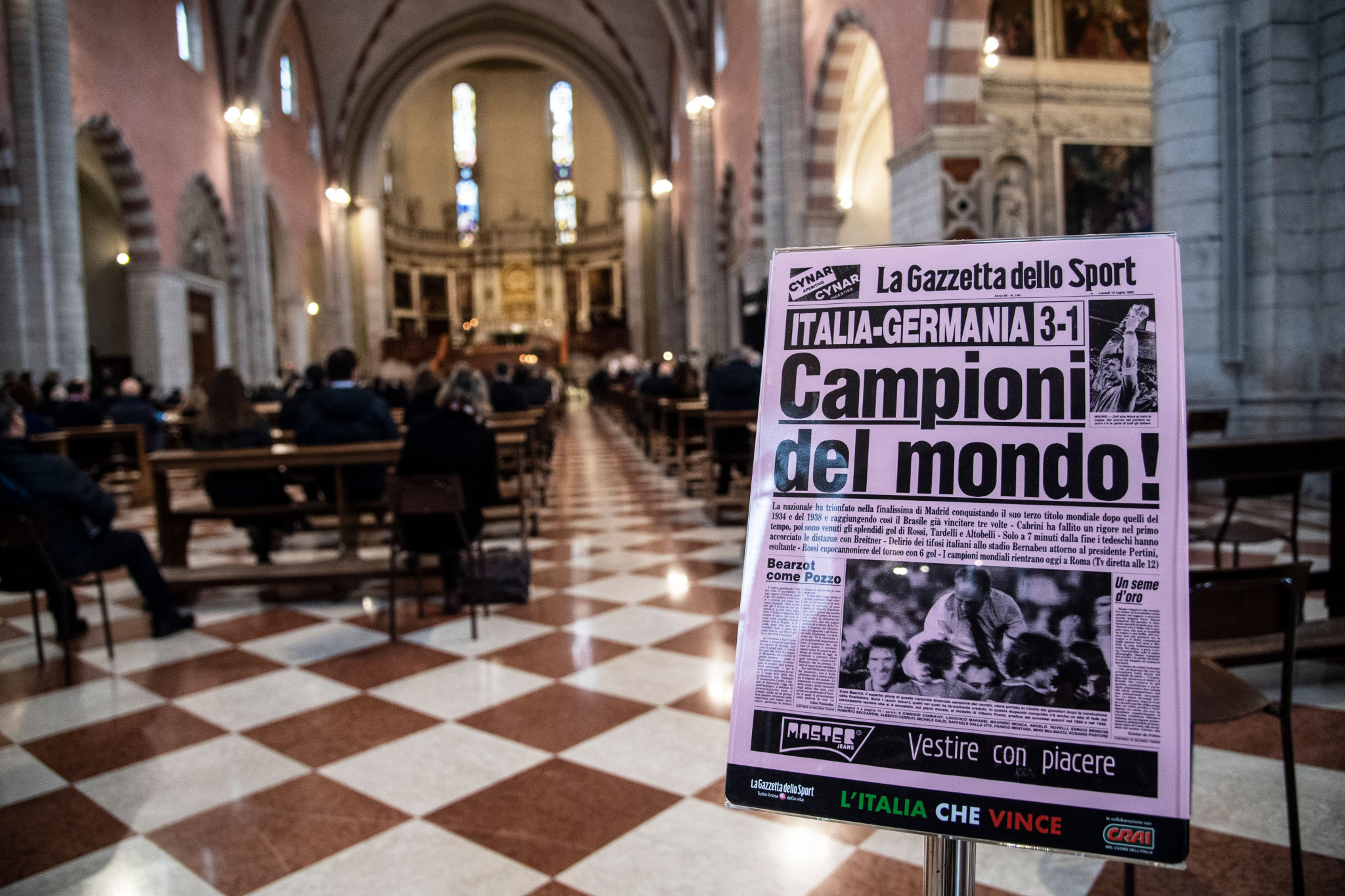 A newspaper front page was displayed at Paolo Rossi's funeral earlier this year ©Getty Images